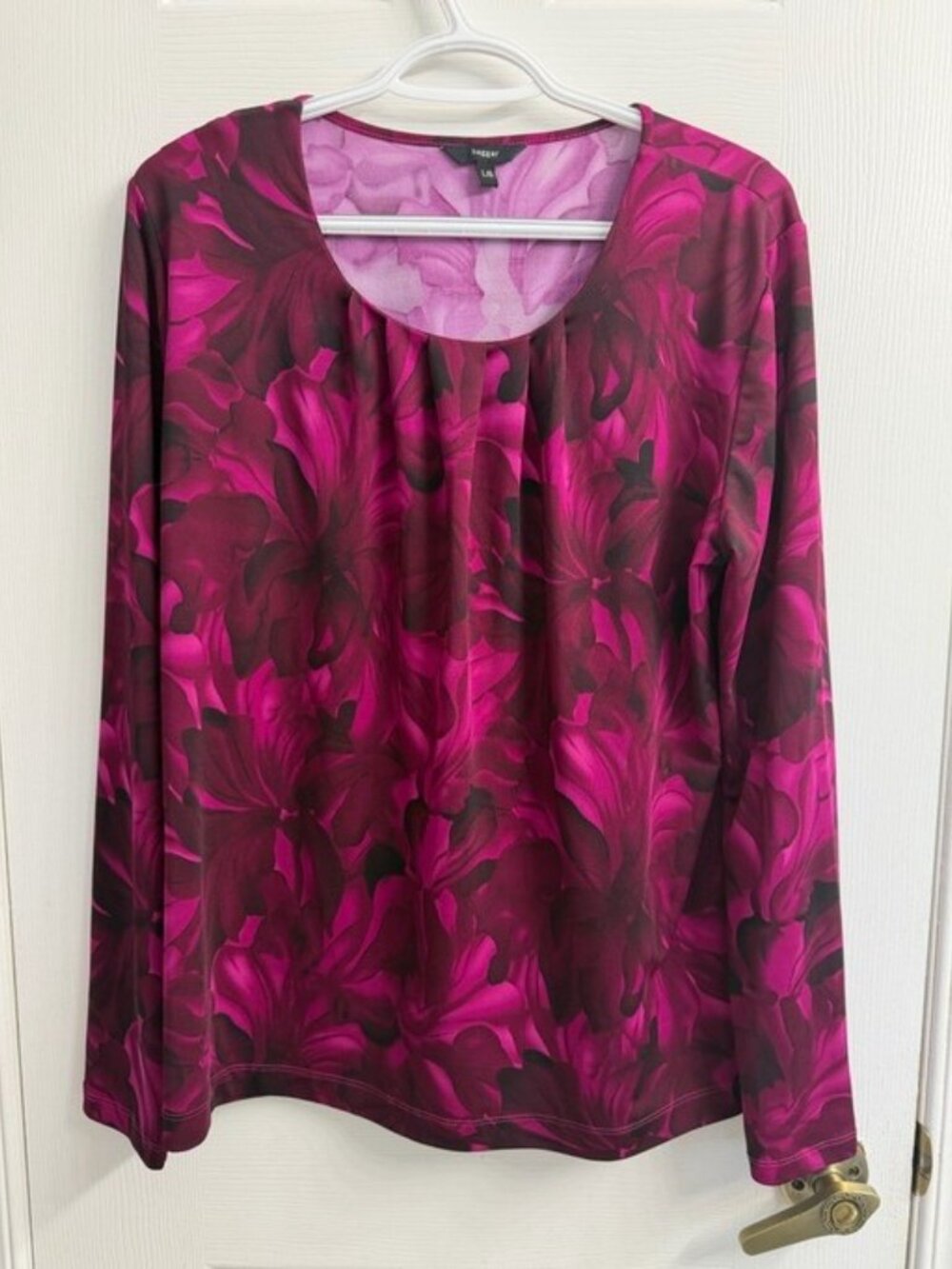Haggar Magenta Fuchsia Floral Top Women L Long Sleeve Stretch Blouse Office Chic
